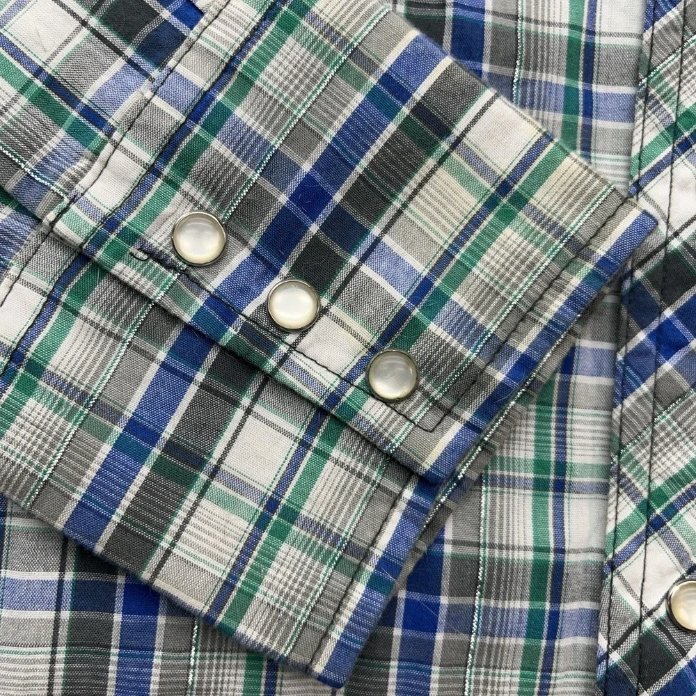 Wrangler Western Pearl Snap Shirt Mens L Blue Green Metallic Tartan Plaid Cowboy